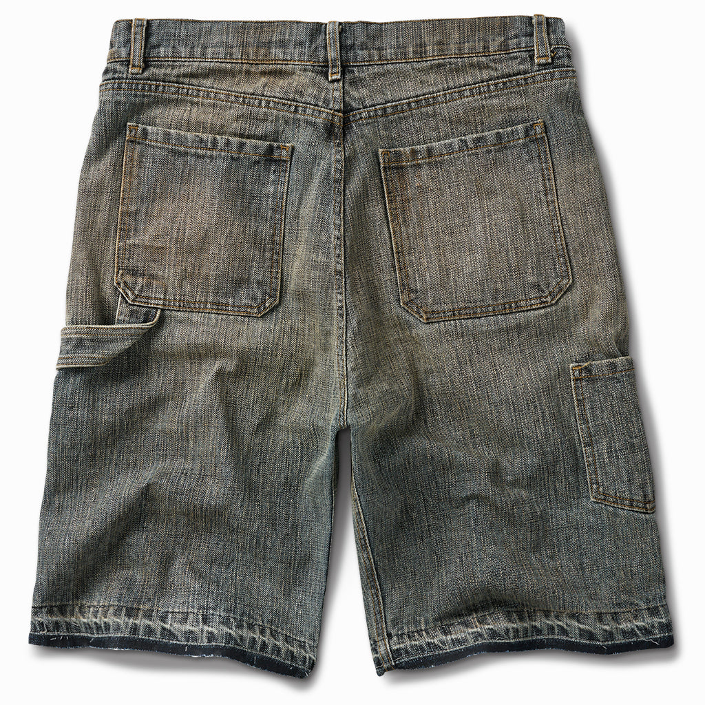 Indigo double front shorts, back view, with hammer loop and side utility pocket