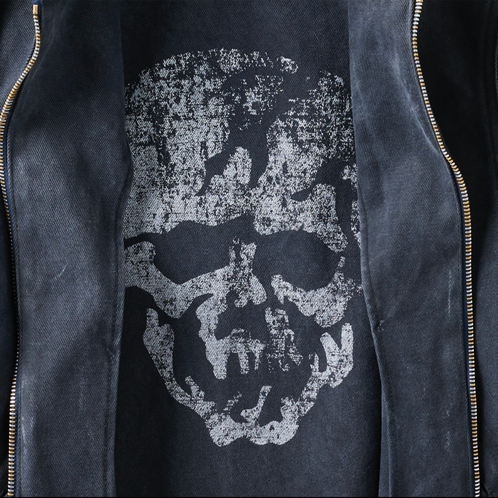 Close-up of the distressed white skull print inside the jacket