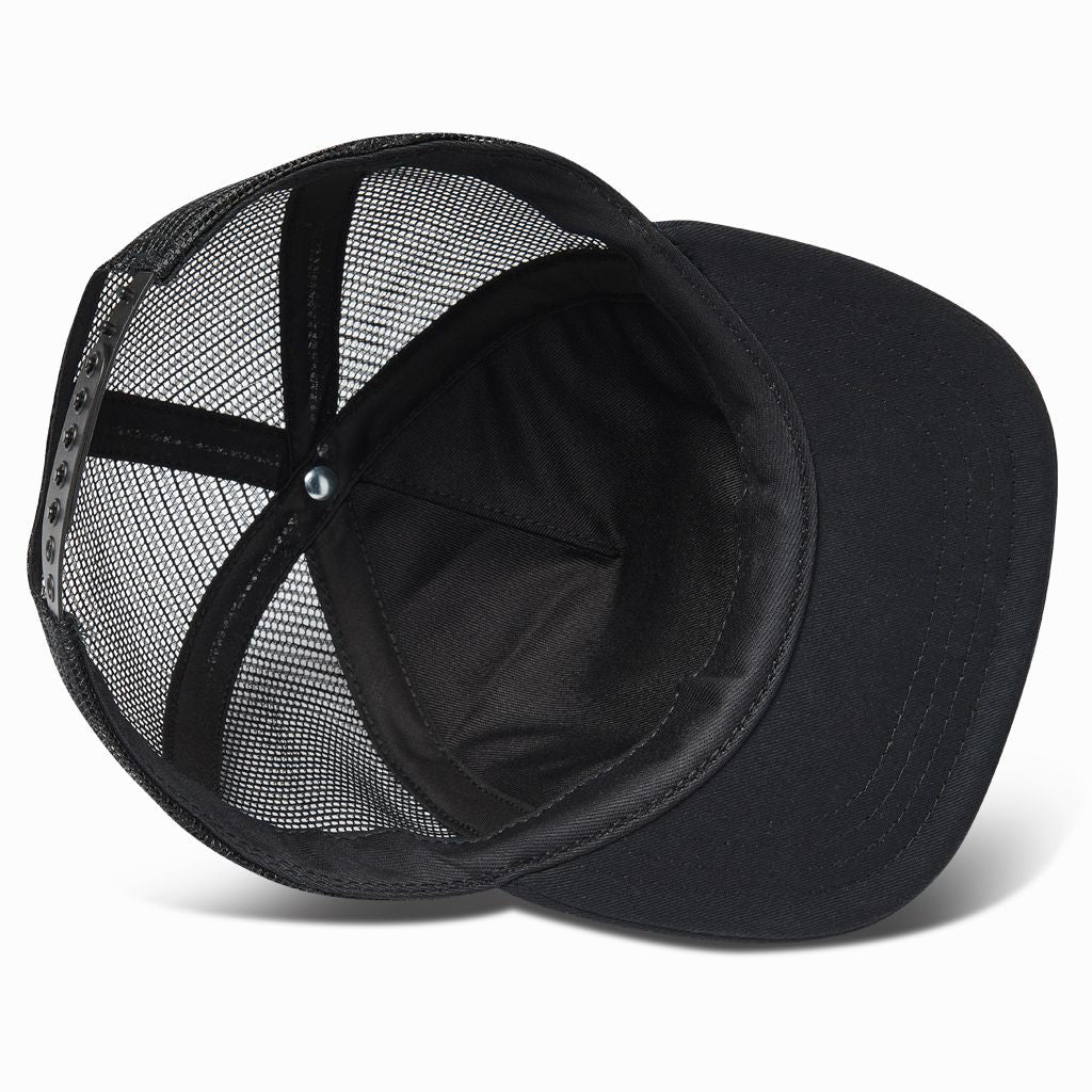 Underside of the black trucker hat showing the lined crown and brim