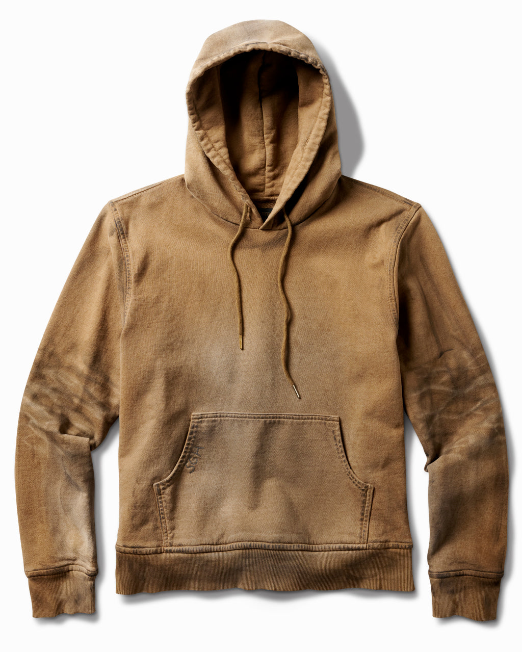 Sahara tan French terry pullover hoodie, front view, with sun-faded distressing on the sleeves and pocket