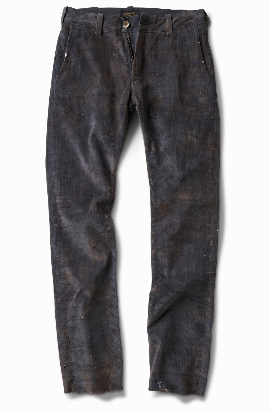 Artist distressed charcoal corduroy stretch chino with rust-colored staining, front view