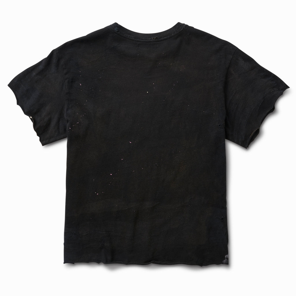 Distressed black raw cut tee, back view