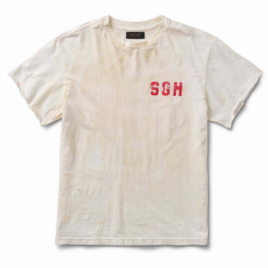 Distressed dirty white raw sleeve tee, front view, with a small red SGH chest print