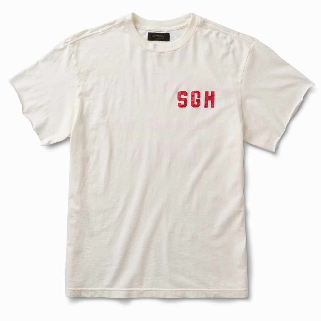Off-white raw sleeve tee, front view, with a small red SGH chest print
