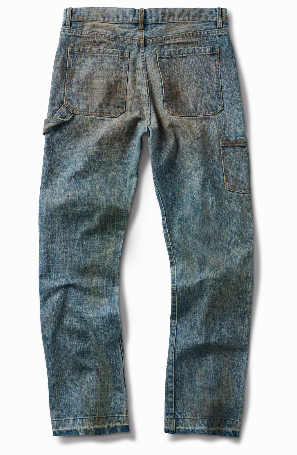 Indigo double front jeans, back view, with hammer loop and faded wash