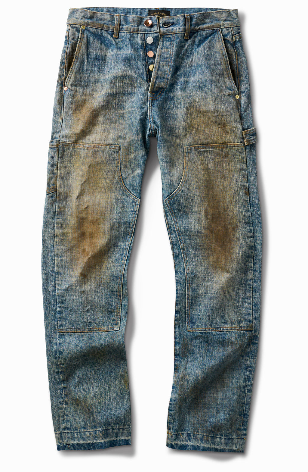 Dirty destroyed indigo double front jeans, front view, with heavy dirt-washed staining on the thighs