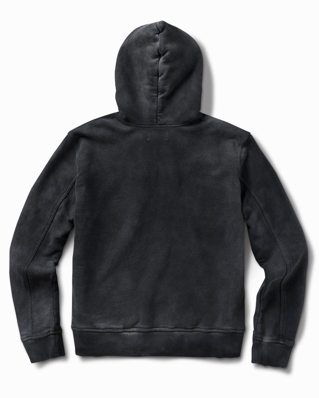 Worn black hoodie, back view