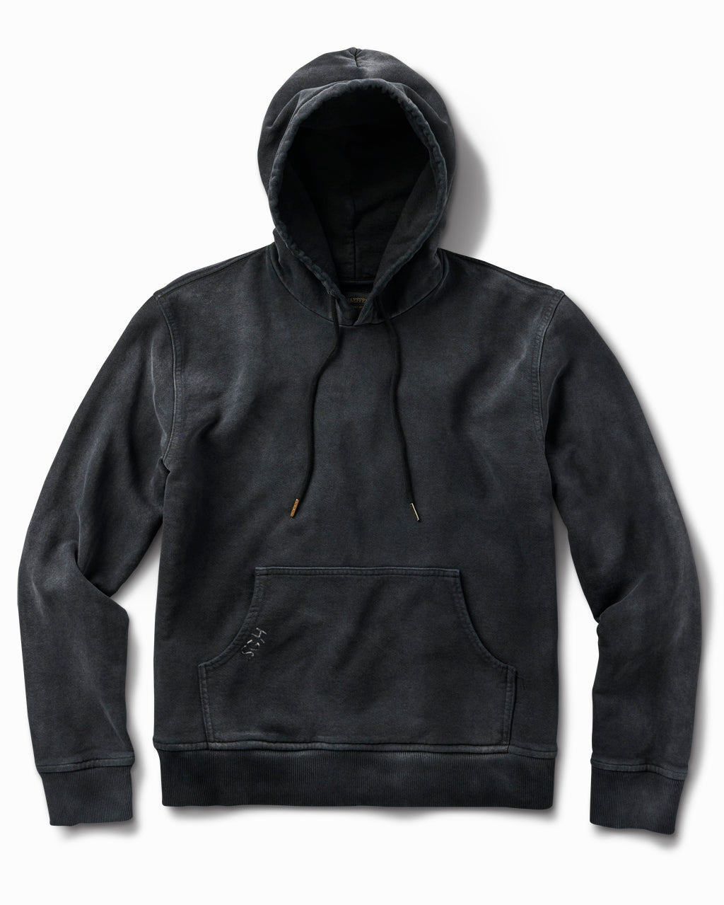 Worn and bleached black 20oz French terry pullover hoodie, front view