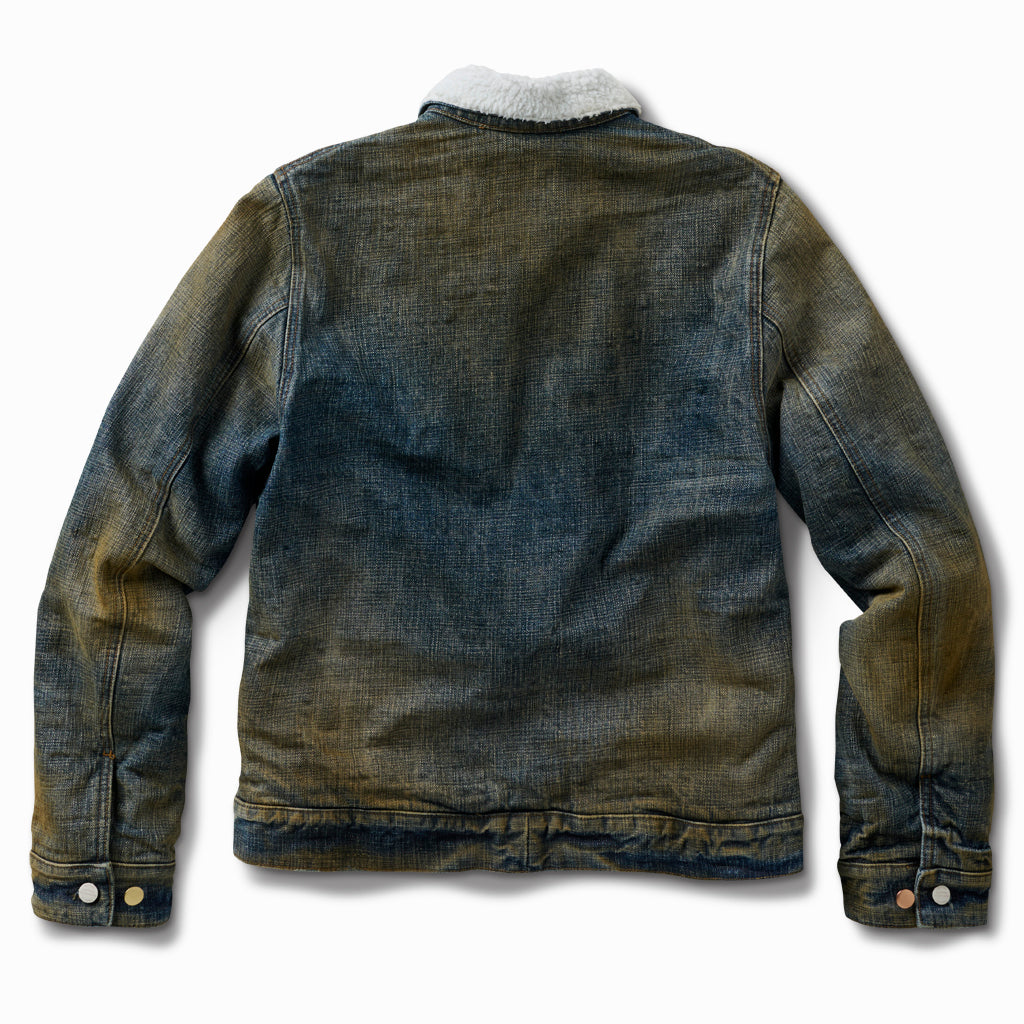 Destroyed shearling denim jacket, back view