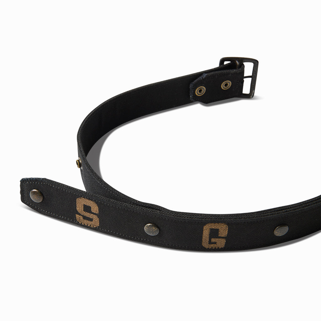 Black painted SGH canvas belt curved to show the buckle end