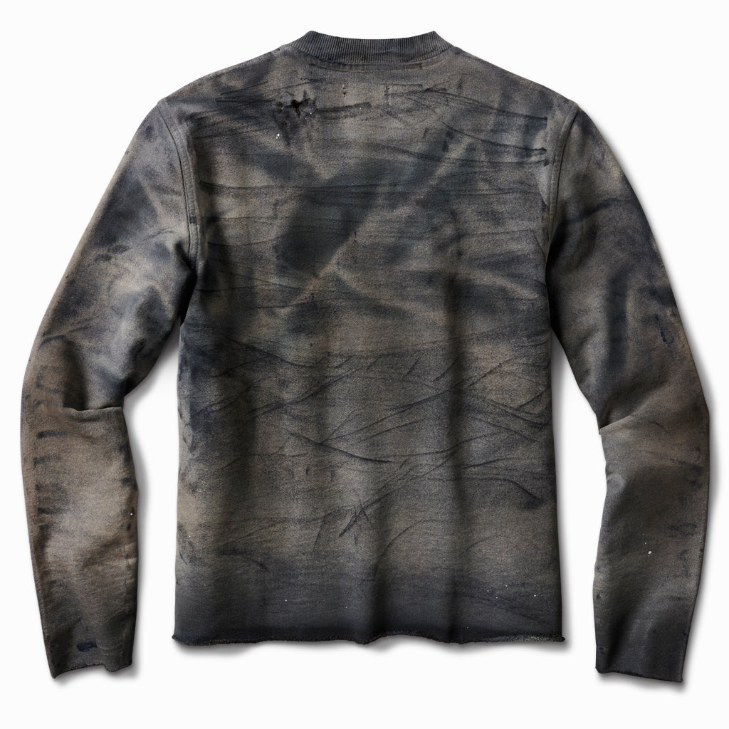 Oil-stained crew sweatshirt, back view