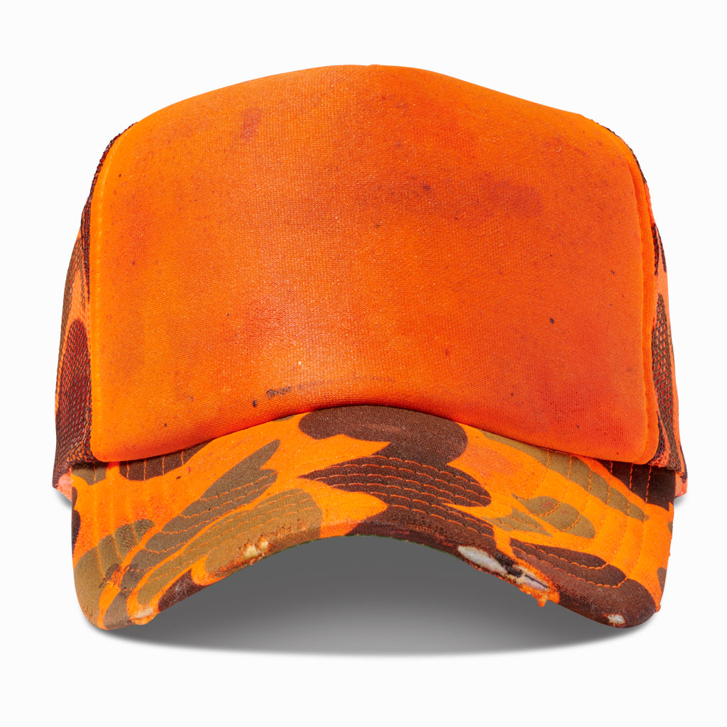 Blaze orange trucker hat with a faded camo brim and mesh, front view