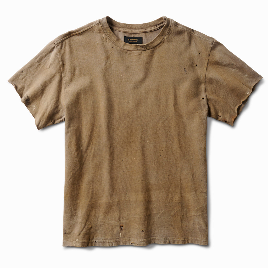 Sahara tan distressed tee with raw-edge sleeves, front view, with small holes