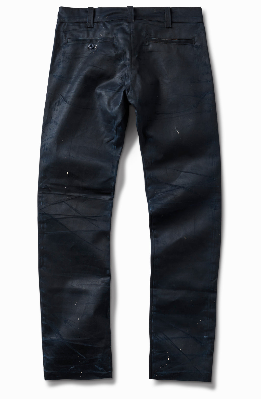 Waxed blue chino, back view, with paint flecks