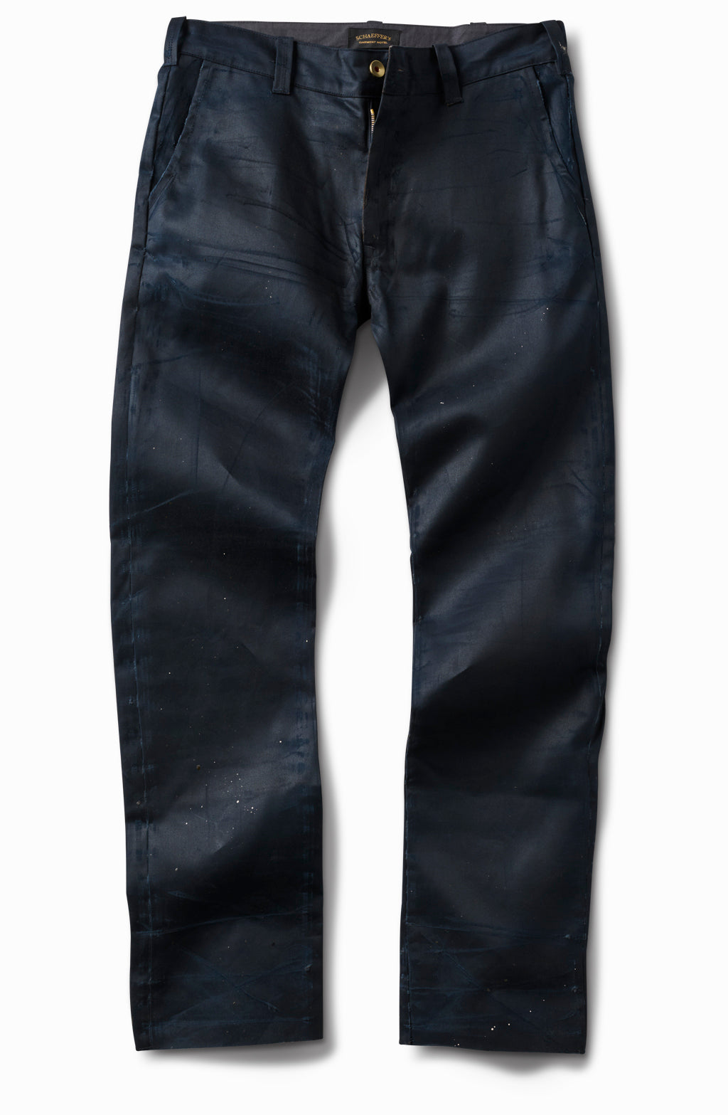 Artist distressed waxed blue Japanese chino, front view