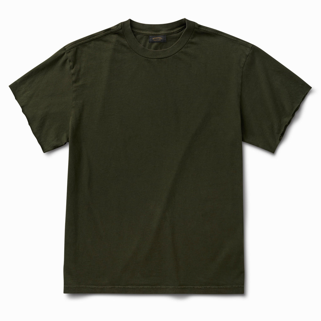 Arthurian green tee with raw-edge sleeves, front view