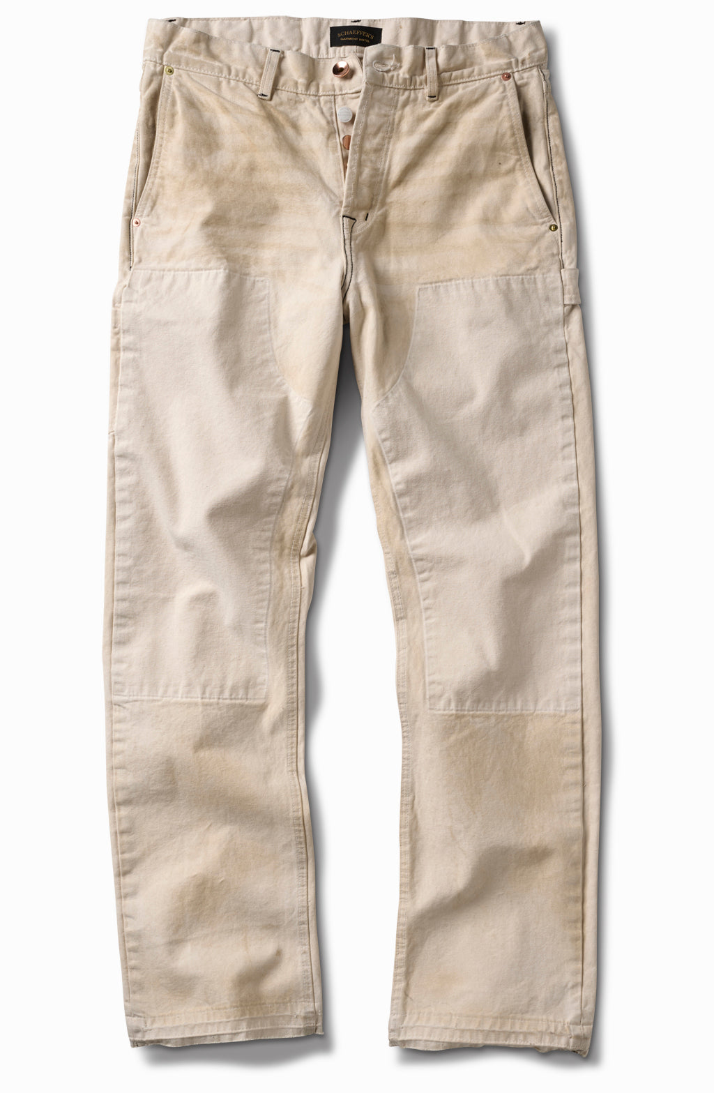 Dirty white 14oz destroyed carpenter pant with double front knees, front view