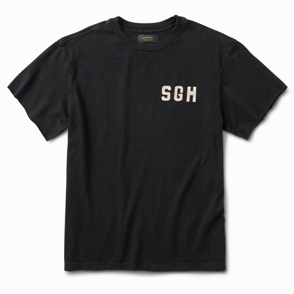 Black raw sleeve tee, front view, with a white SGH chest print