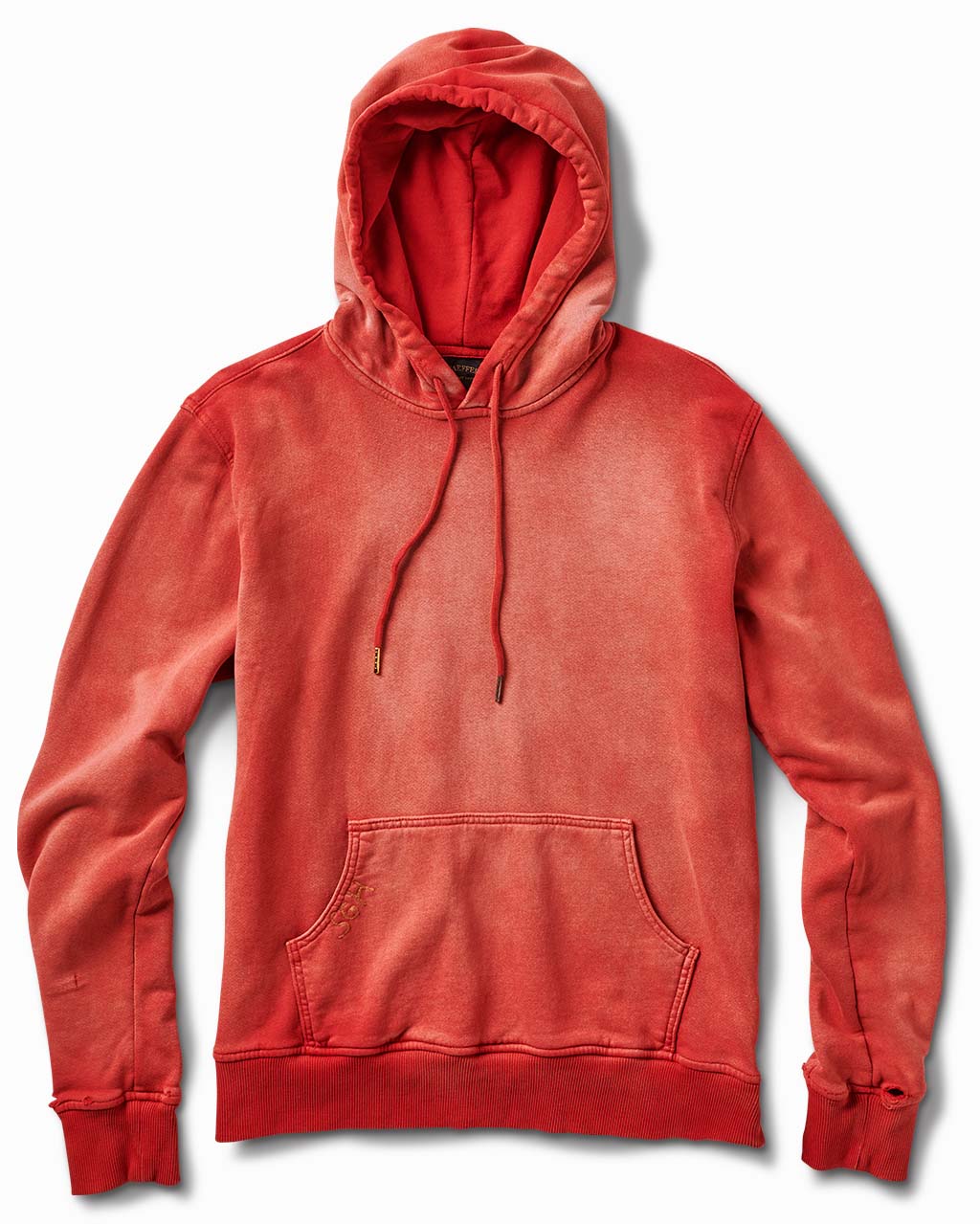 Sun-faded red 17oz French terry pullover hoodie, front view, with kangaroo pocket