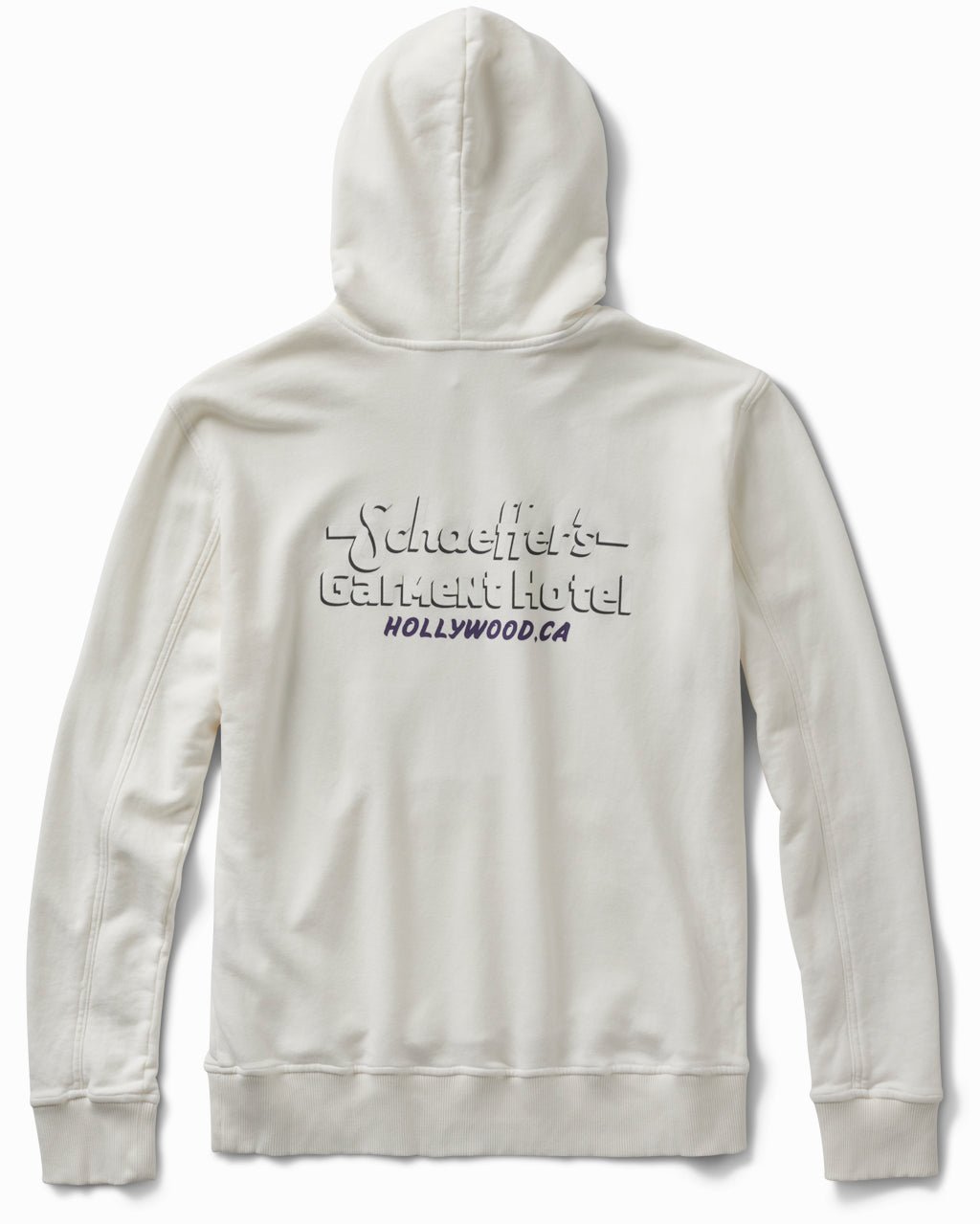Summer white hoodie, back view, with a Schaeffer's Garment Hotel Hollywood, CA script print