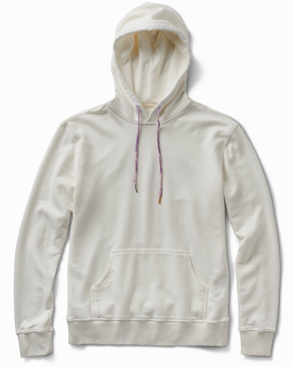 Summer white 17oz French terry hoodie with purple speckled drawcords, front view
