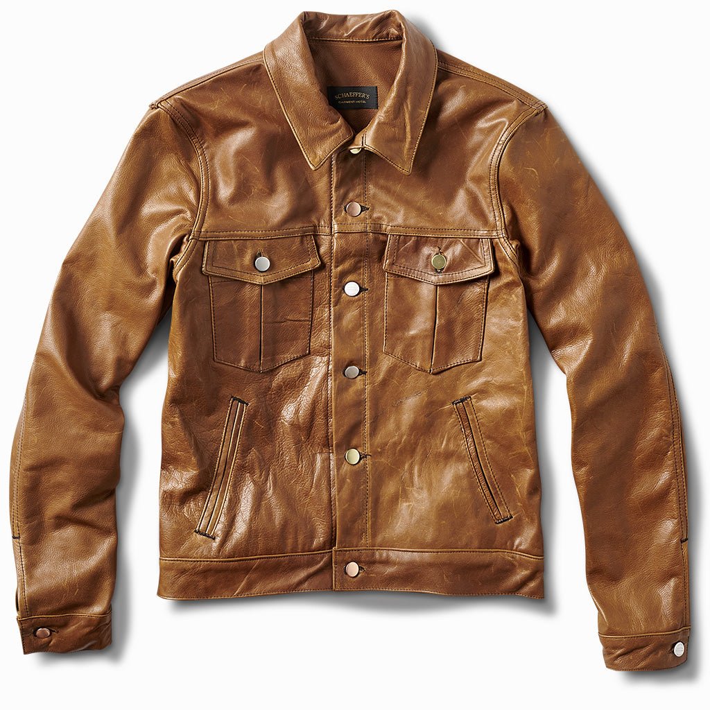 Aged tan Italian leather trucker jacket with chest flap pockets, front view