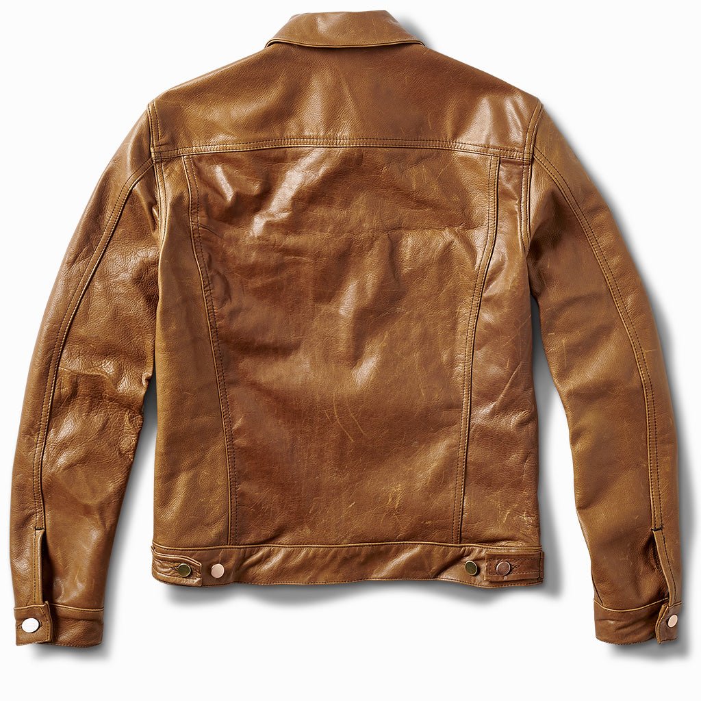 Tan leather trucker jacket, back view