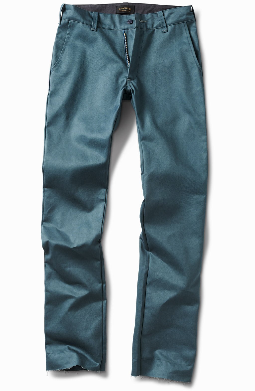 Japanese aqua teal chino pants, tall straight fit, front view