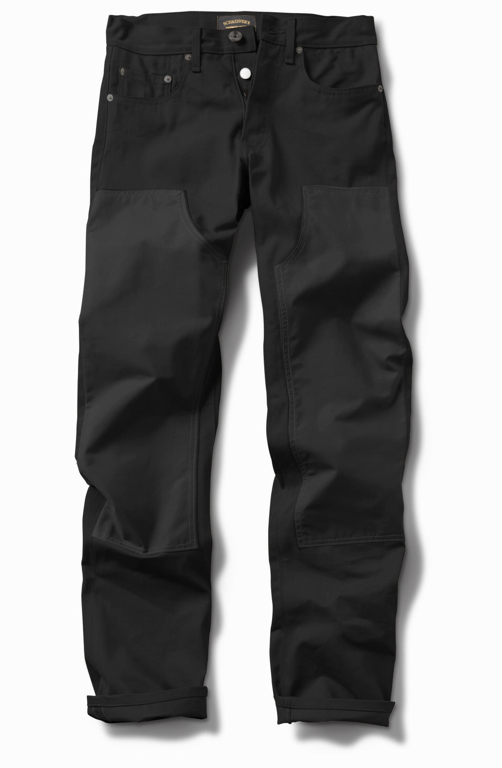 Black Japanese stretch 103 tall rise jeans with double front panels, front view