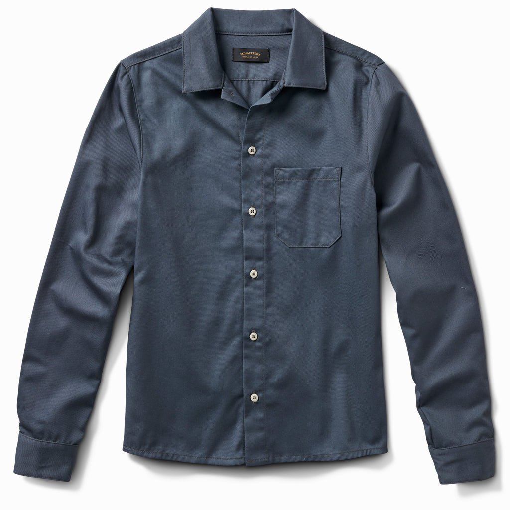 Spruce grey brushed satin twill button down shirt with a chest pocket, front view