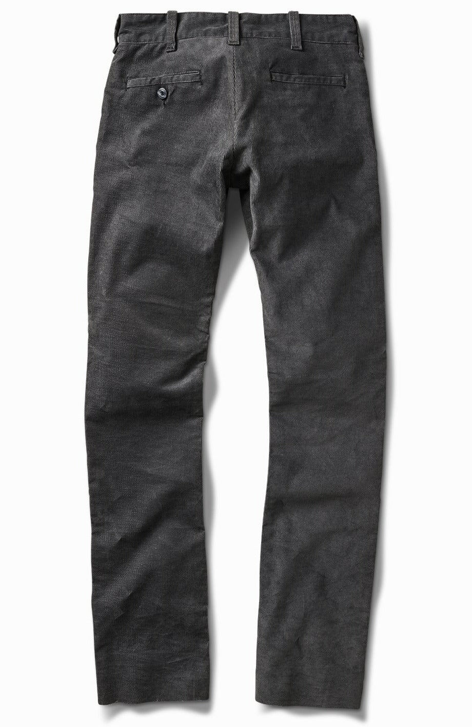 Charcoal corduroy chino, back view, with a button-through back pocket