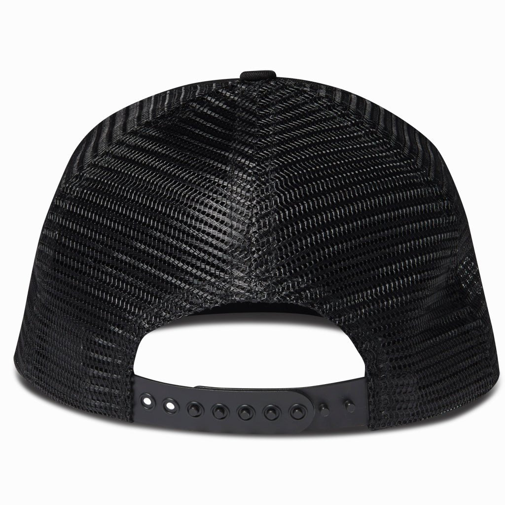 Black orange label trucker hat, back view, showing the mesh and snapback strap
