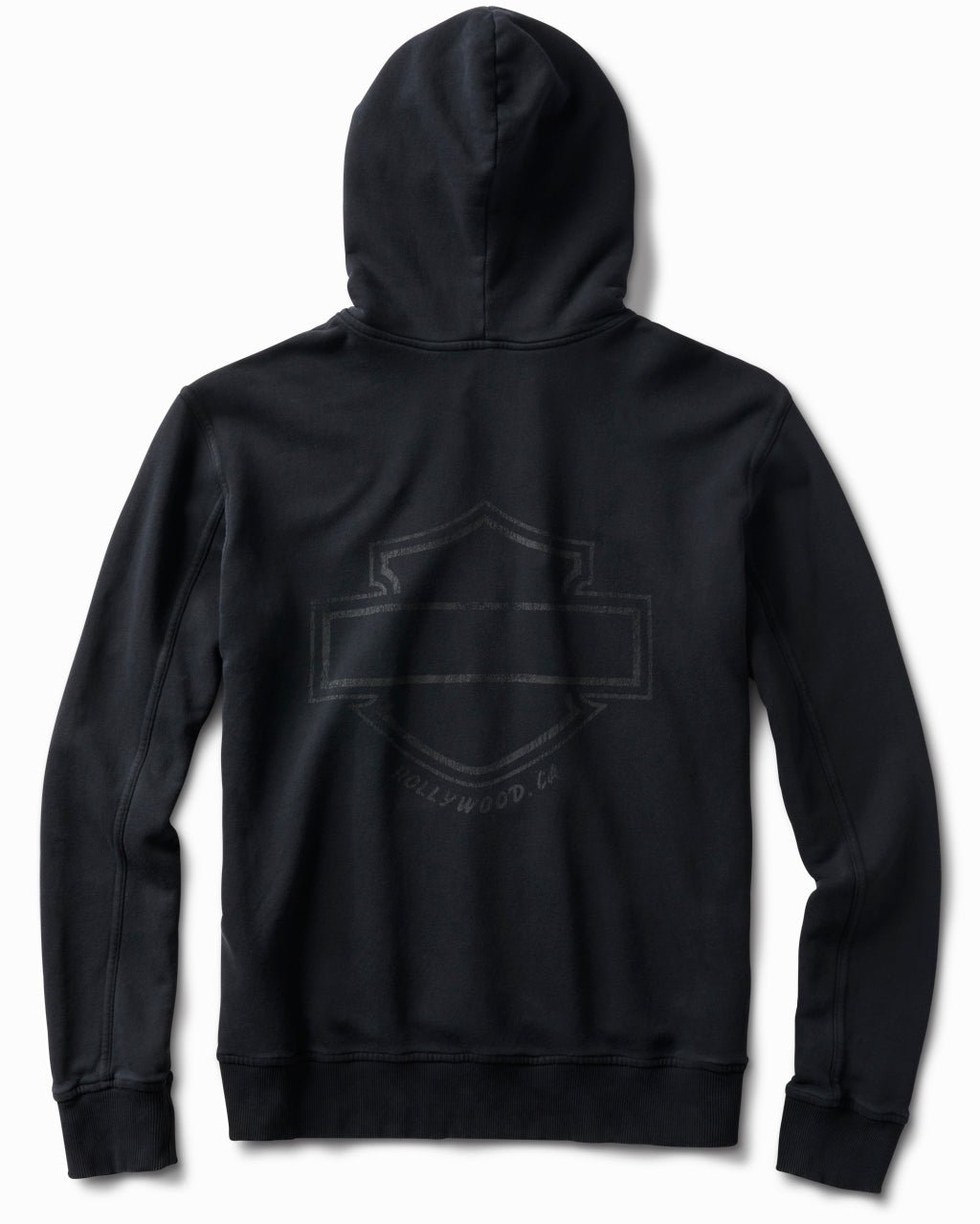 Black Ghost Logo hoodie, back view, with a large tonal shield logo