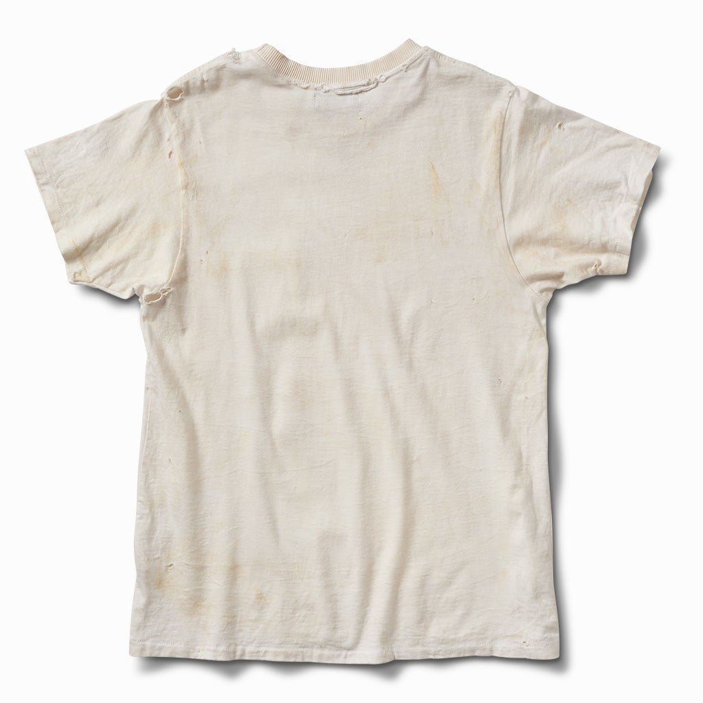Hand aged off-white pocket tee, back view