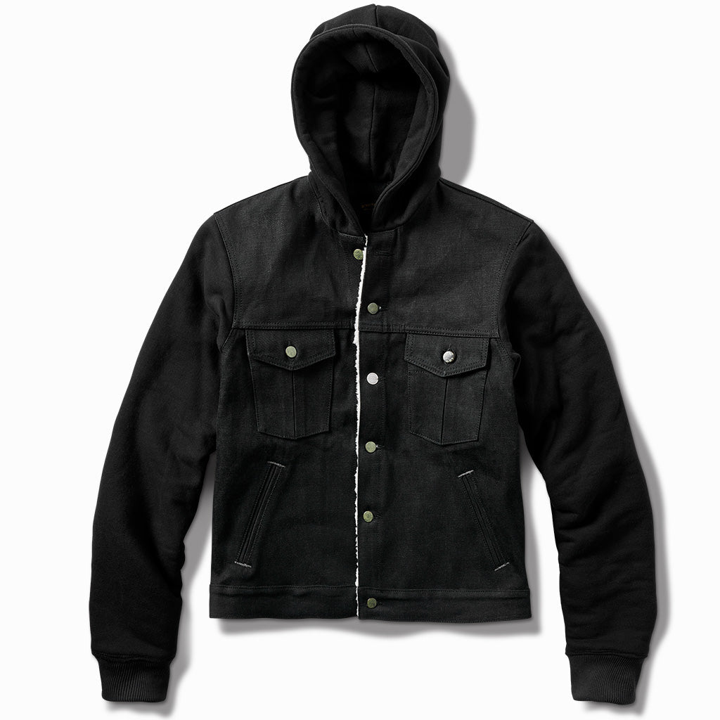 New Dyna black denim jacket with a black fleece hood and sleeves, front view