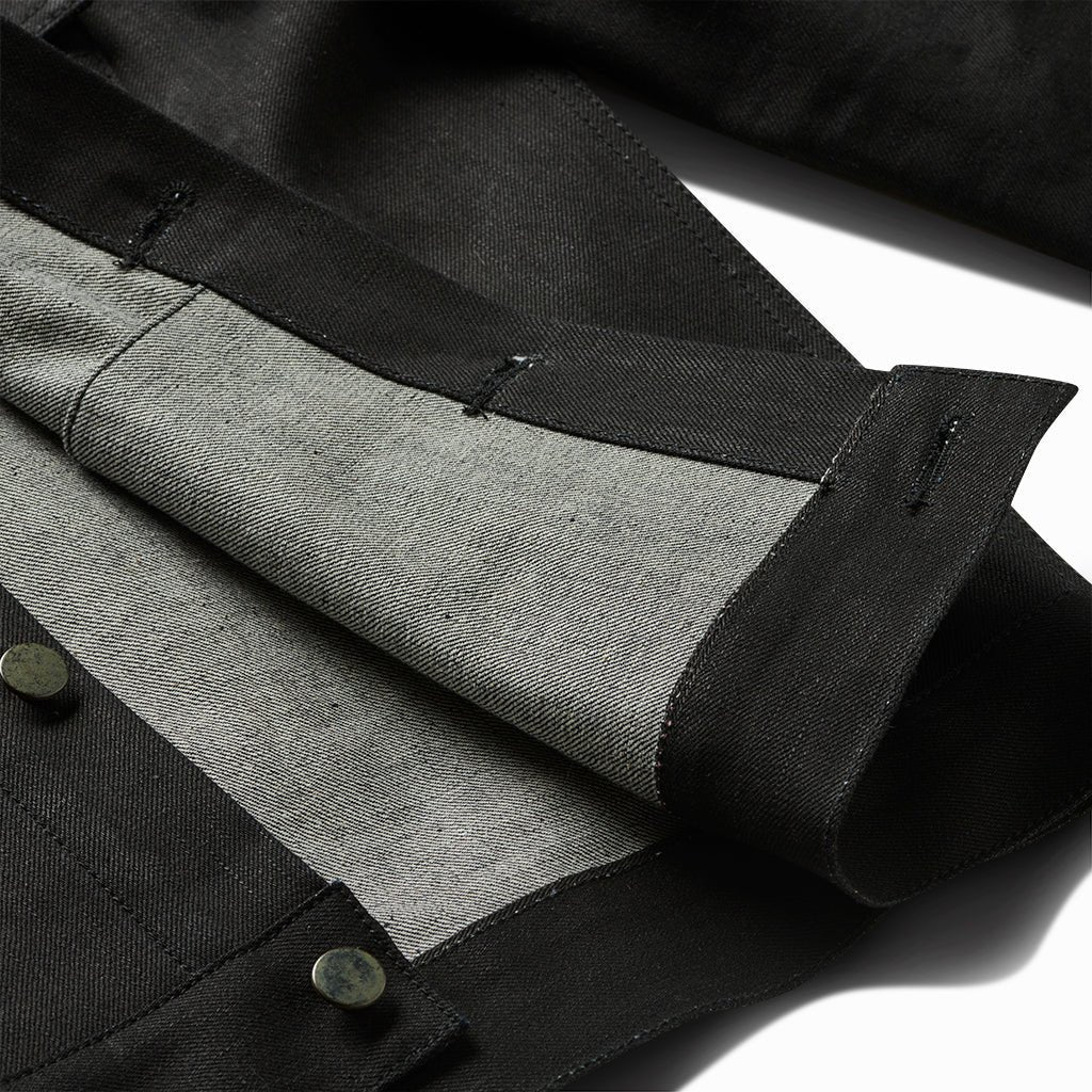 Close-up of the Paloma jacket's cuff and grey selvedge interior