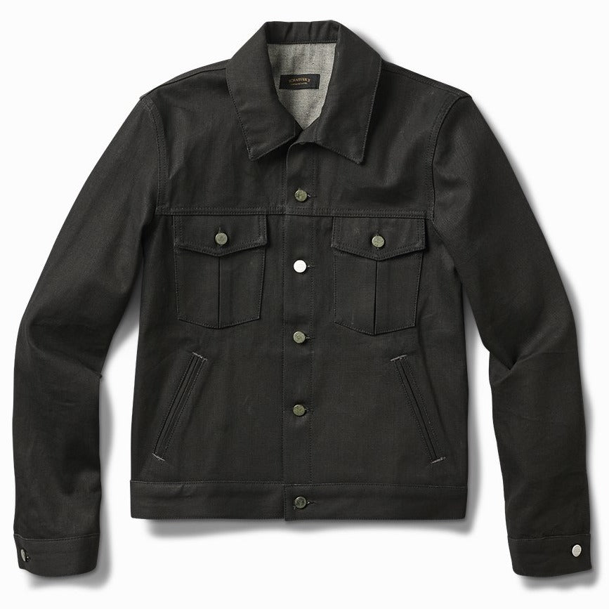 Original 15oz black Paloma denim trucker jacket with chest flap pockets, front view