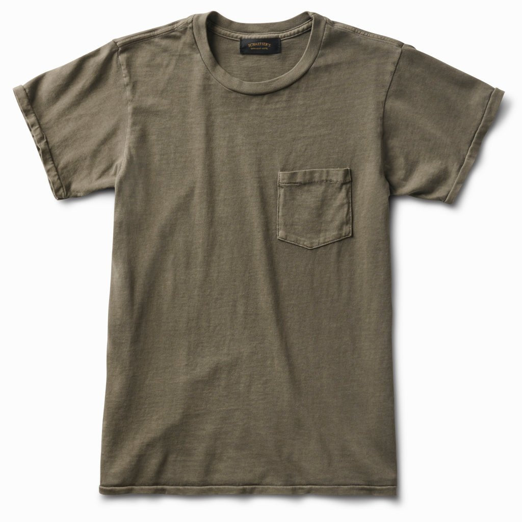 OD moss green ringspun 40s pocket tee, front view