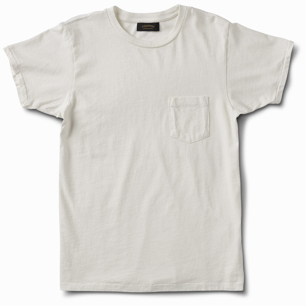 Off-white ringspun 40s pocket tee, front view