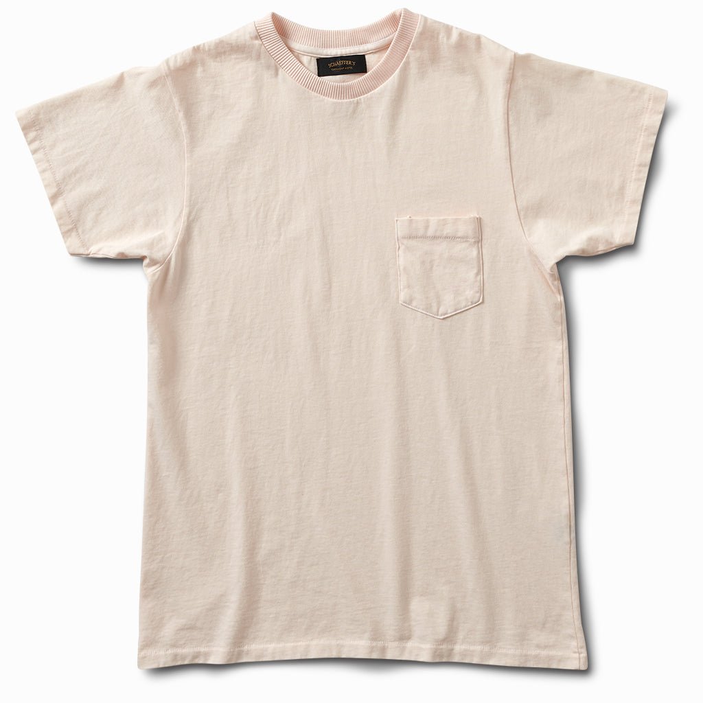 Pink champagne ringspun 40s pocket tee, front view