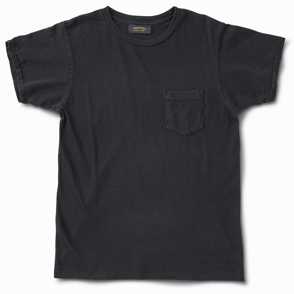 Worn black ringspun 40s pocket tee, front view