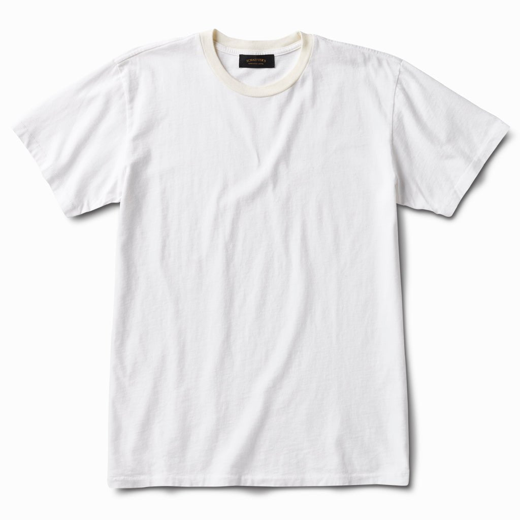 White wash ringspun athletic tee with a cream ribbed collar, front view