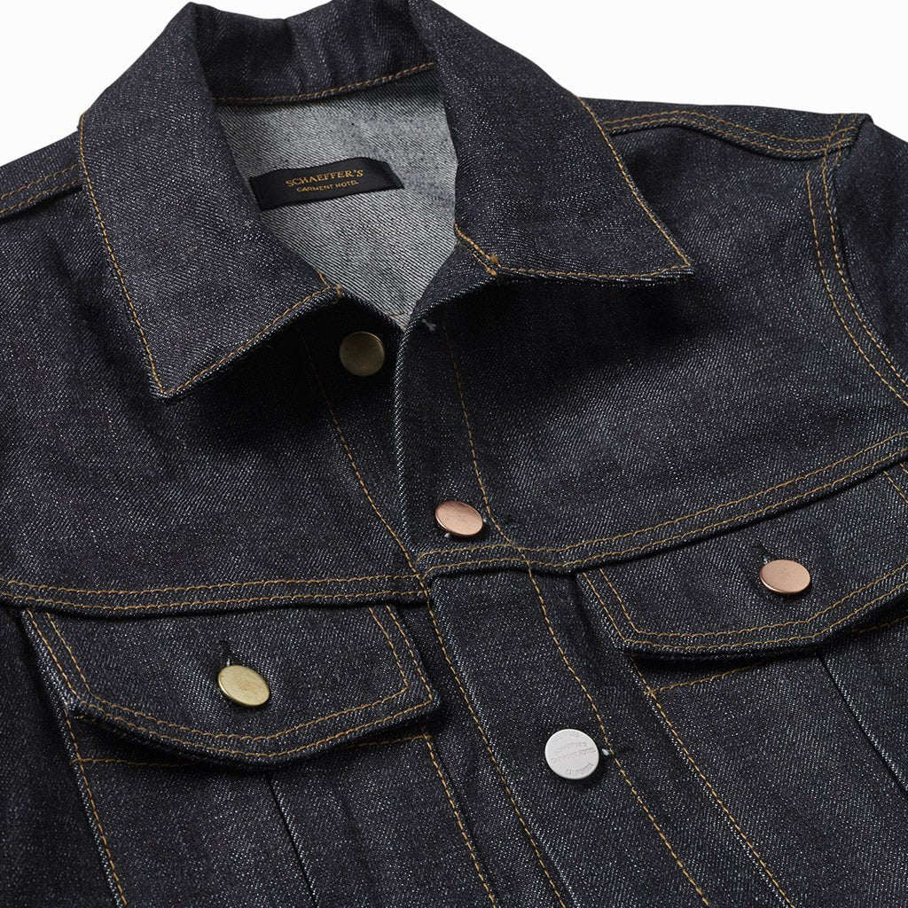 Close-up of the rope indigo jacket's collar, Schaeffer's label and copper, brass and silver buttons