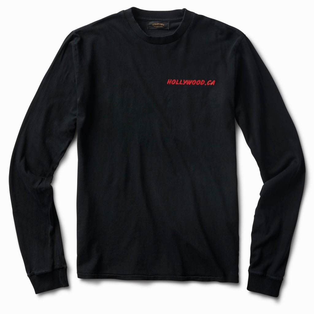Black long sleeve tee, front view, with small red Hollywood, CA chest print