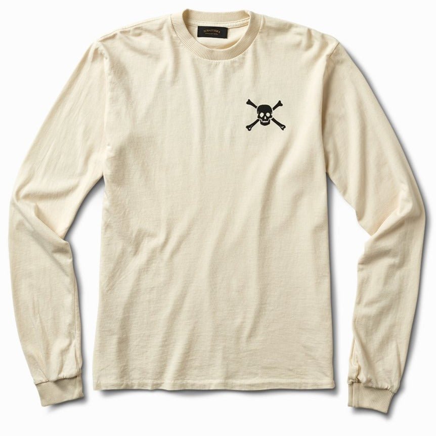Off-white long sleeve tee, front view, with a small skull and crossbones on the chest