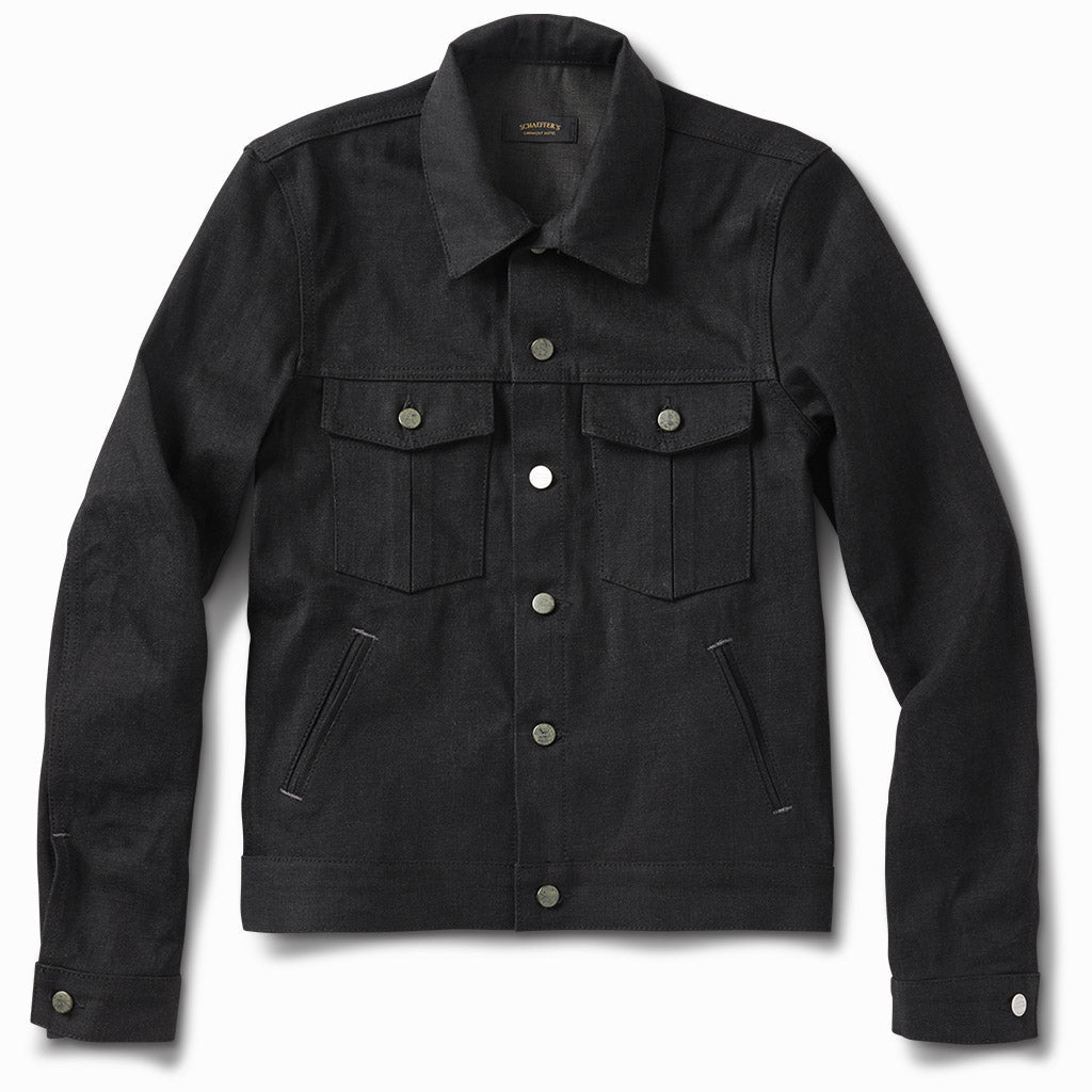 Sulfur black raw denim trucker jacket with chest flap pockets, front view