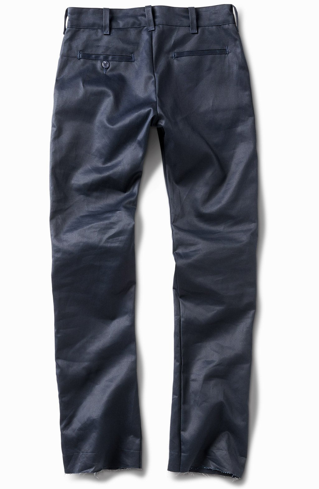 Waxed indigo blue chino, back view