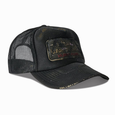 Artist Distressed Black oil aged  reverse patch trucker Hat