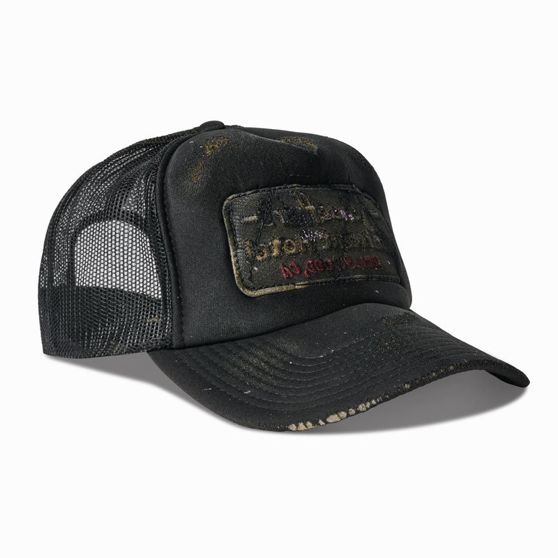 Artist Distressed Black oil aged  reverse patch trucker Hat