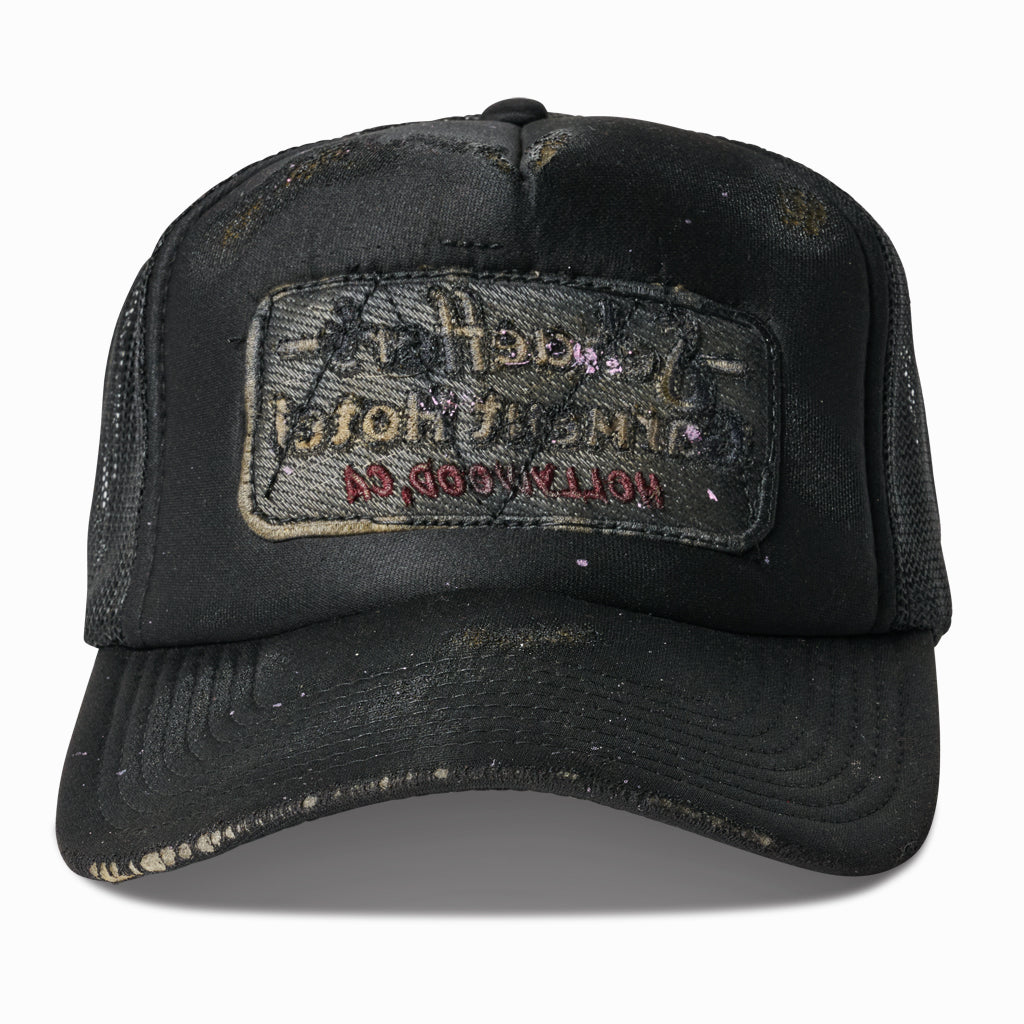Artist Distressed Black oil aged  reverse patch trucker Hat